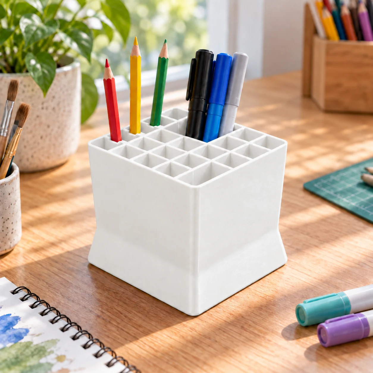 Pen Holder - Square Recesses - Two Versions · Blanco · Visualización digital