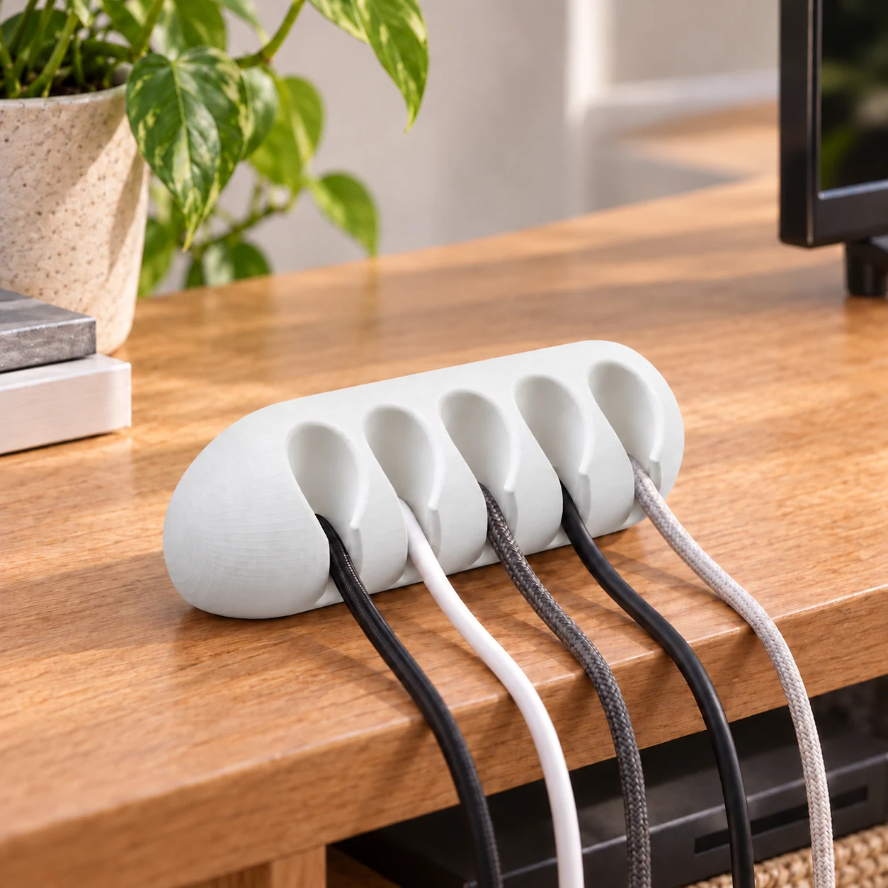 3D Printed Cable Holder - Multi Cable Organizer · Blanco · Visualización digital