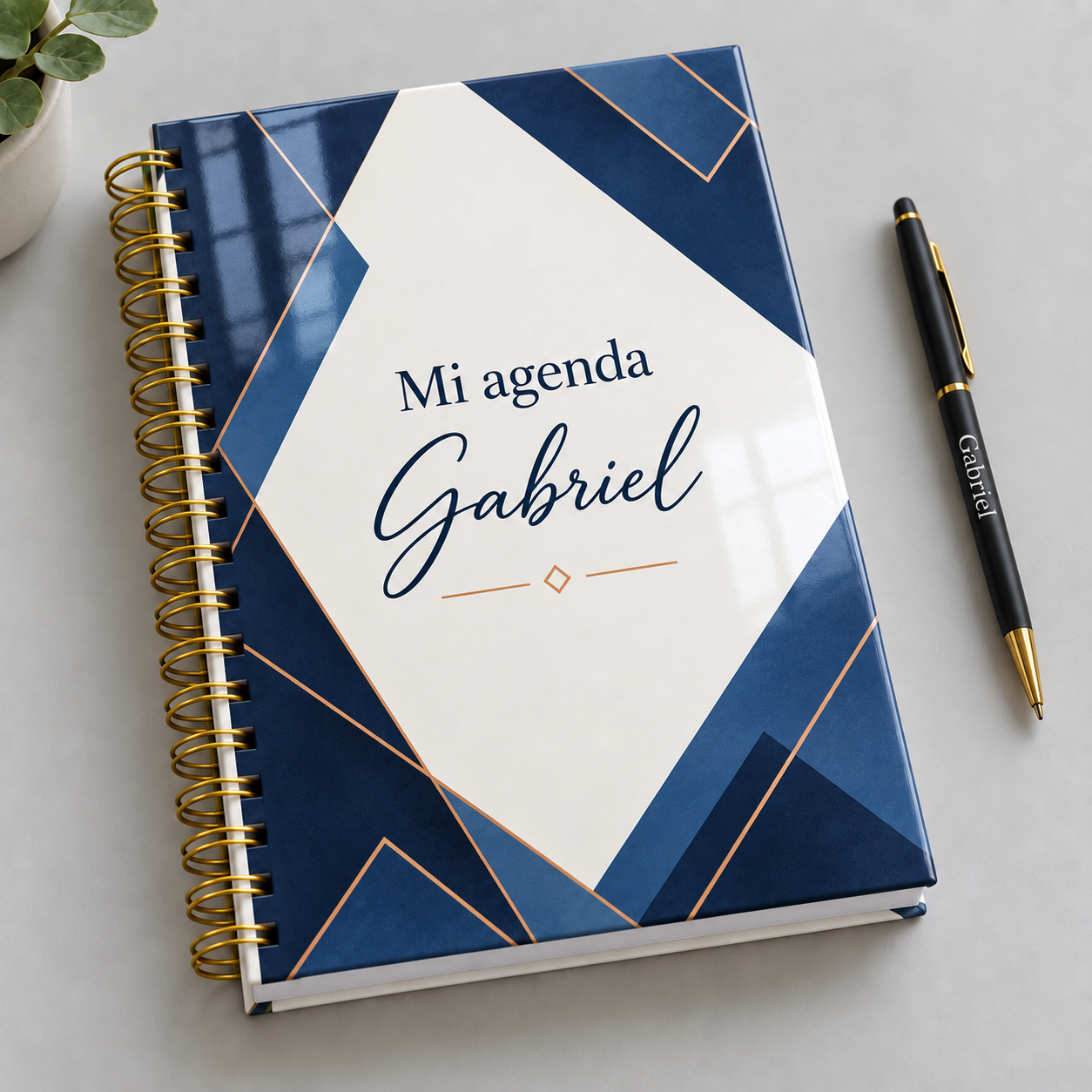 Mockup ilustrativo: Geometria azul y cobre impreso