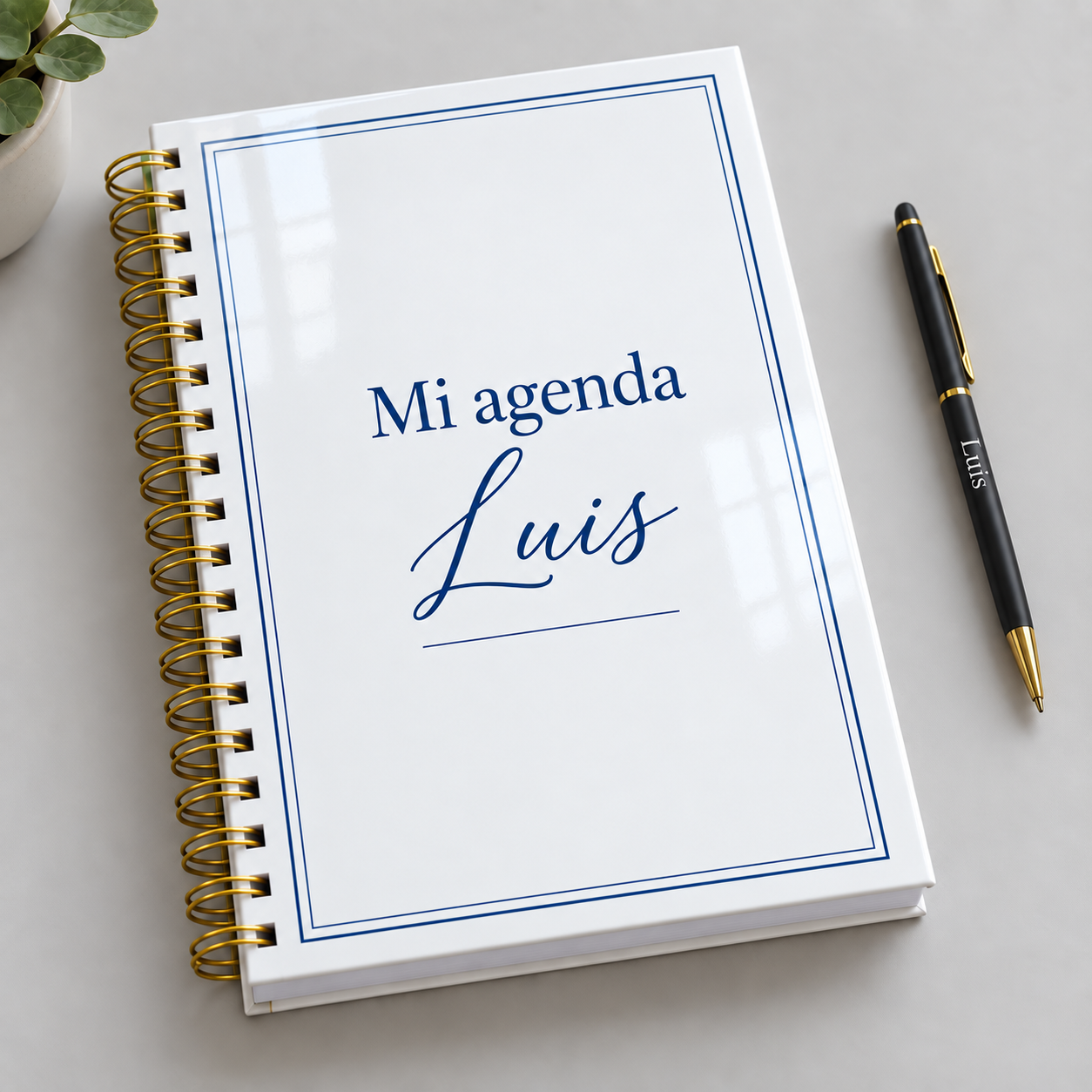 Mockup ilustrativo: Tipografia Mi agenda con marco fino azul
