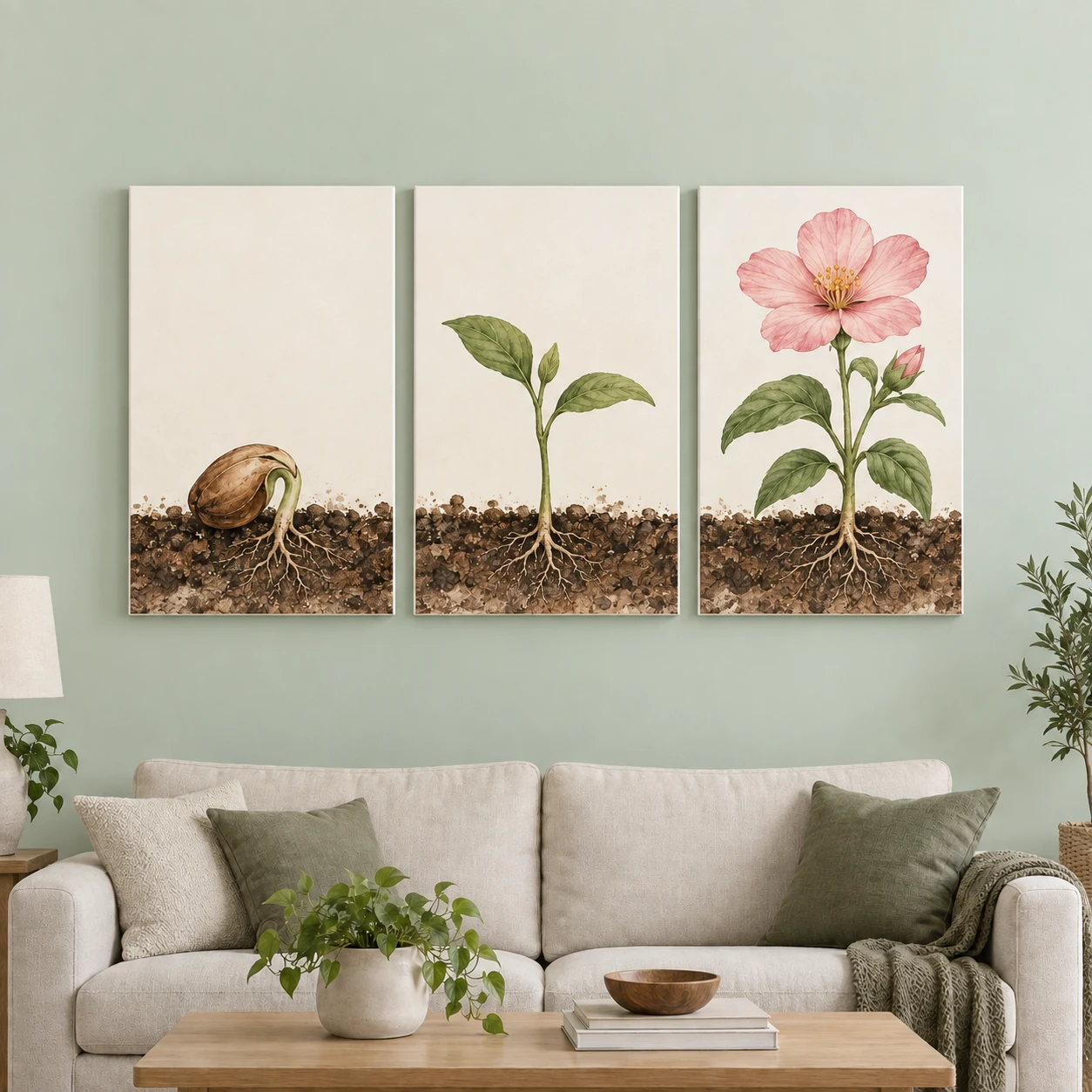 Mockup ilustrativo: Semilla, brote y flor
