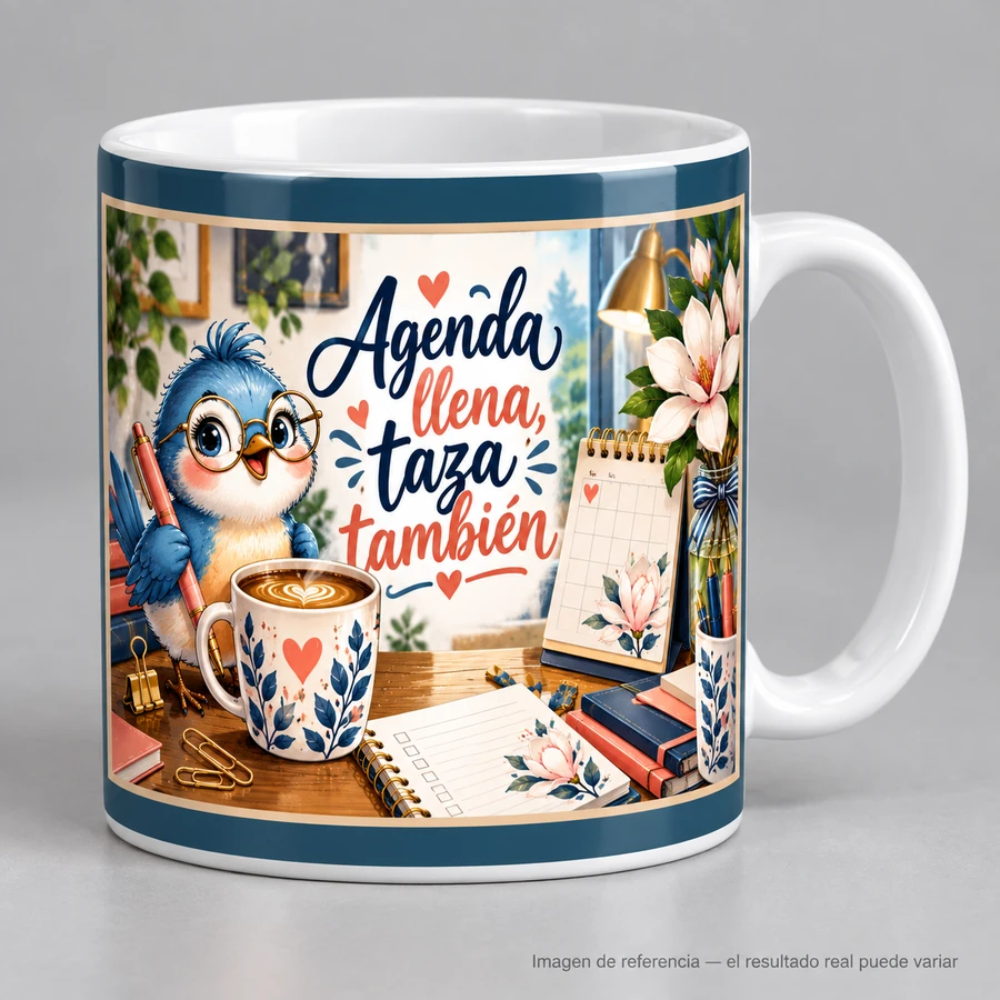 Mockup ilustrativo: Agenda llena, taza también