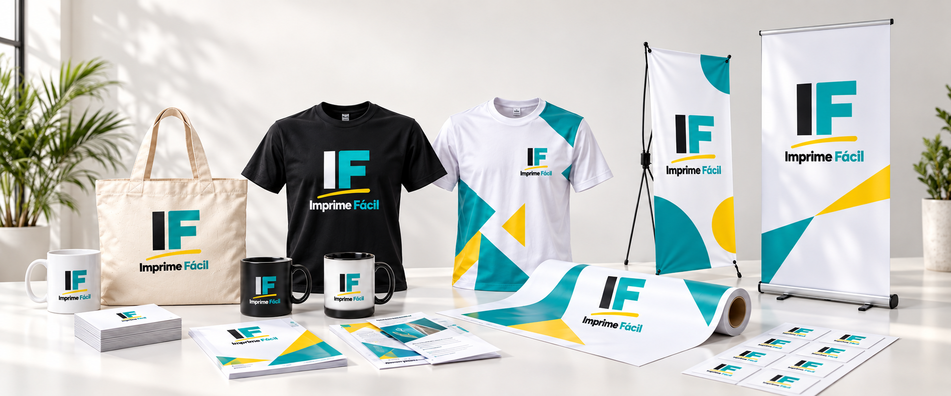 Camisetas, tote bag, taza, exhibidor y papelería